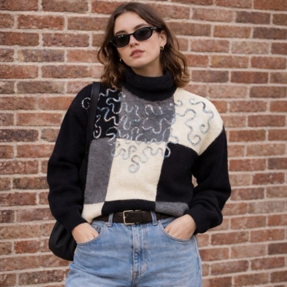 VTG 90s Angora Lambswool Sequin Colorblock Sweater M Monica Geller Friends Style